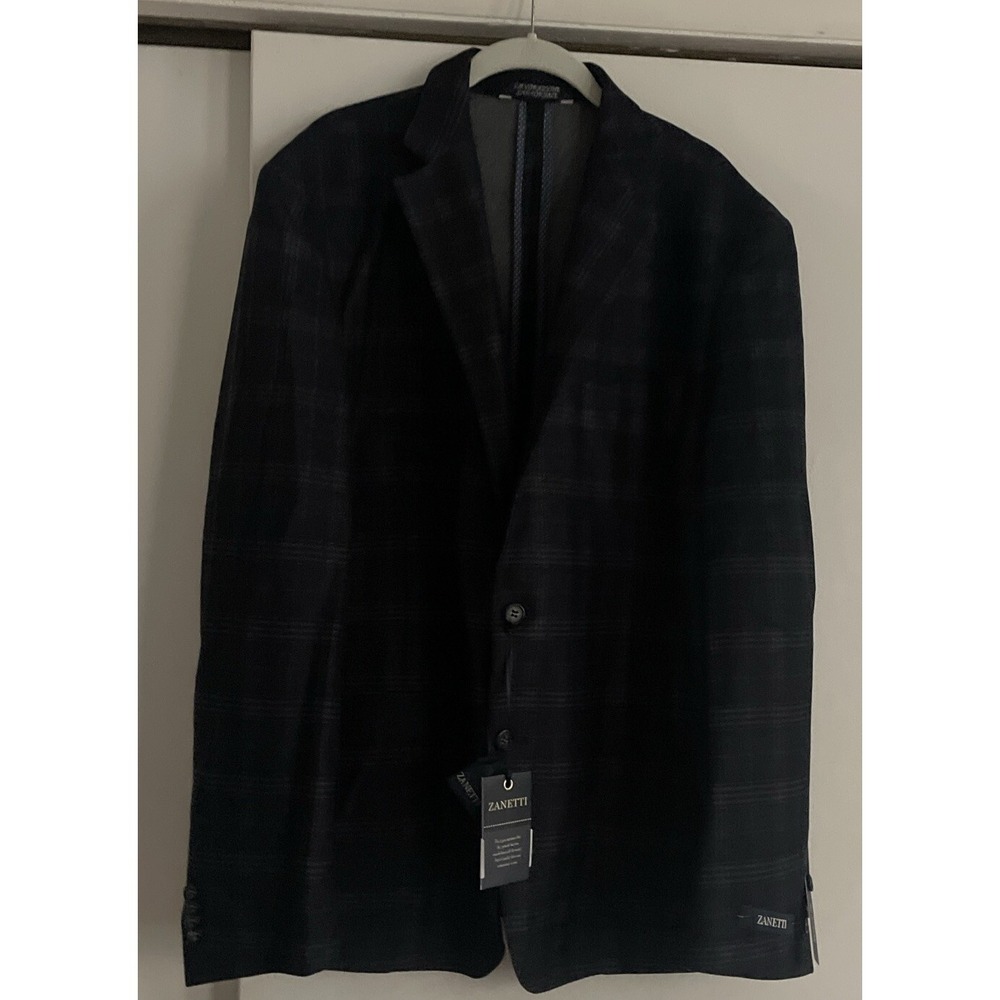 Zanetti‎ Mens Size 44 XL Navy Blue Plaid Modern FitSuit Jacket Blazer New